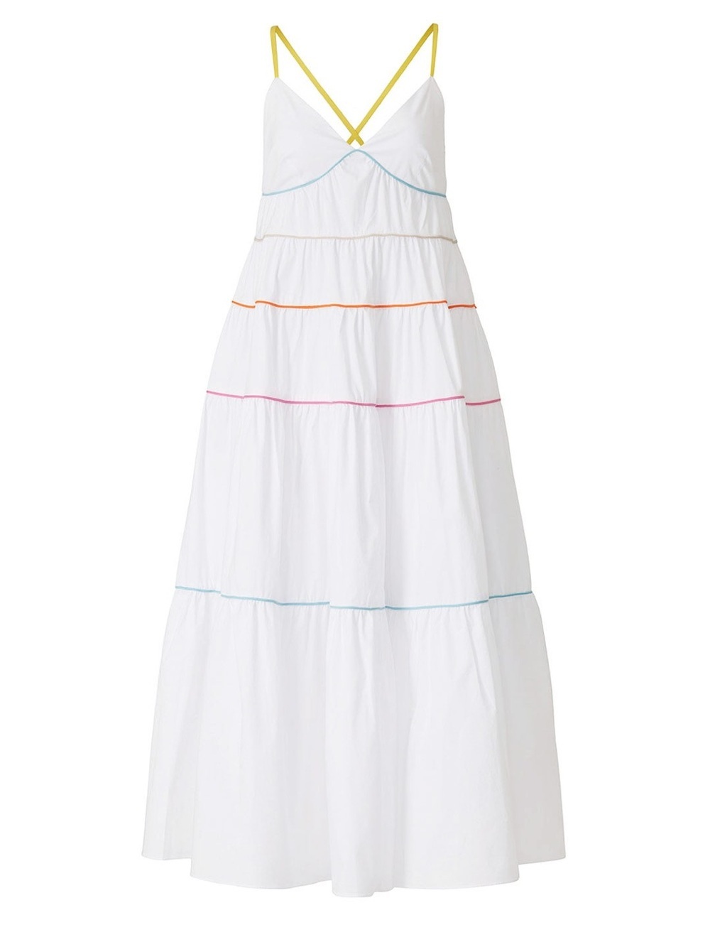 Staud White Cleo Tiered Midi Dress with Multicolor Piping S